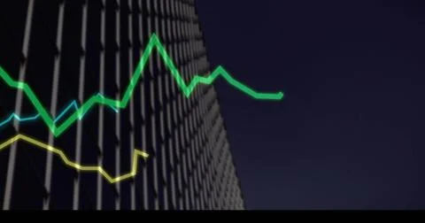 Displaying office facade with grid windows tracing 3 neon line graphs against Stock Illustration