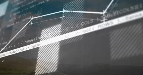Displaying office screen showing source code and line chart at desk, hatched Stock Photos