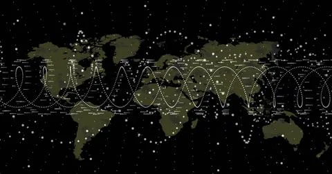 Displaying olive-green world map in dark theme, showing white dotted sine-wave, Illustrazione stock