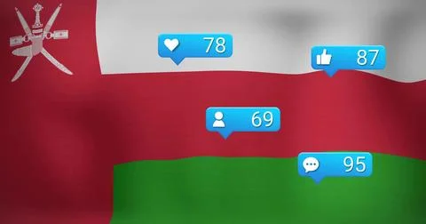 Displaying Oman flag rippling in studio, showing four blue bubbles heart78 li イラスト素材