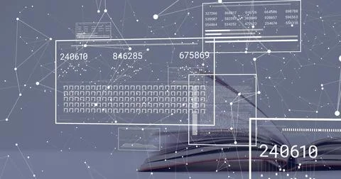 Displaying open book projecting data overlays on flat surface, showing numeric 스톡 사진
