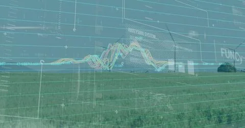 Displaying open grassland under pale sky, overlaying grid and waveform charts Stock Illustration