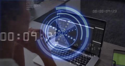 Displaying open laptop code HUD timer on desk, woman in light top by green Stock Photos
