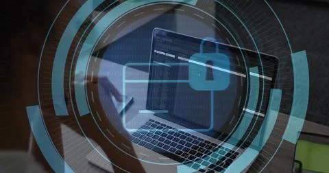 Displaying open laptop running code at home office desk, showing padlock icon 스톡 사진