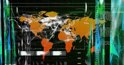 Displaying orange digital world map on red grid dashboard, showing white lines Stock Photos