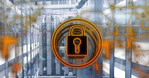 Displaying orange padlock icon with network node lines hovering in data center, Stock Photos