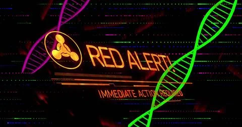 Displaying orange RED ALERT with warning icon and subtitle on panel, DNA visuals Stock Photos