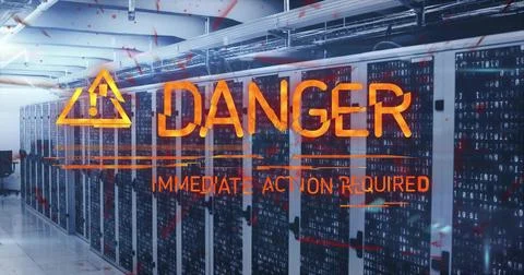 Displaying orange warning overlay covering rack aisle in data center, with Illustrazione stock