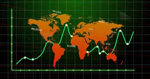 Displaying orange world map on dashboard over green grid with neon graph markers 스톡 일러스트