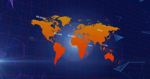 Displaying orange world map over blue spherical glow on dark grid with white Stock Photos