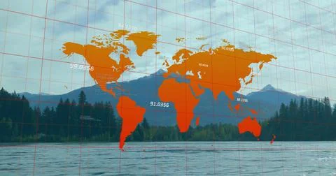 Displaying orange world map overlay over alpine lakeshore, with red grid lines Stock Photos