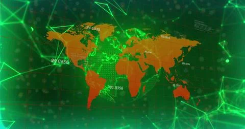 Displaying orange world map overlay on virtual grid with green network lines and Stockfoto's