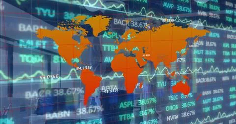 Displaying orange world map with red grid over scrolling stock tickers on Stockfoto's