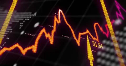 Displaying orange zigzag chart rising across trading screen showing yellow bars, Stock Illustration