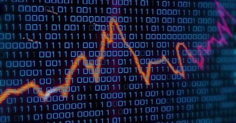 Displaying orange zigzag chart traversing binary digits on screen with grid 스톡 사진