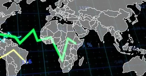 Displaying outline world map tracing green and yellow trend lines in dashboard Stockillustratie