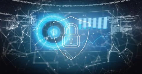 Displaying outlined shield with padlock guarding virtual cyberspace dashboard Foto stock