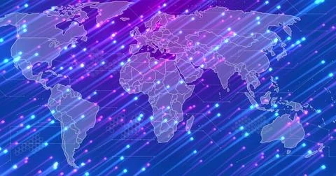 Displaying outlined world map centered in digital background with neon streaks Illustrazione stock