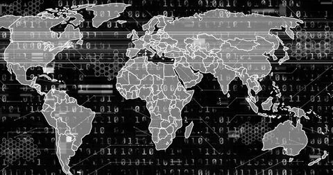 Displaying outlined world map in cyberspace, with binary streams, hexagon grid 스톡 사진