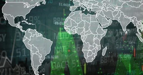 Displaying outlined world map overlaying virtual trading interface, showing Foto stock