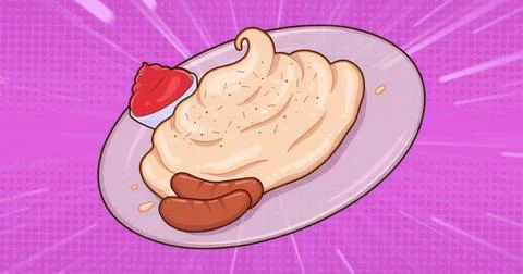 Displaying oval plate holding mashed potatoes, two sausages on pink pop-art Stock Illustration