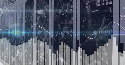 Displaying overlaid data visualization in data center, with server racks, glass Stock Photos
