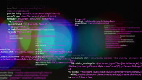 Displaying overlaid JavaScript code on dark screen, highlighting syntax with Stock Footage 307464423