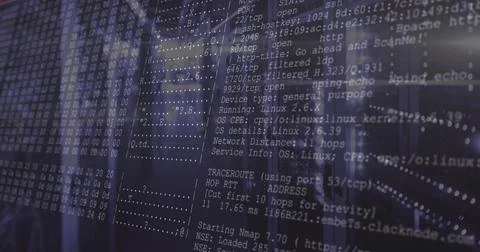Displaying overlaid Nmap output centered in data center aisle, showing rack Stock Illustration