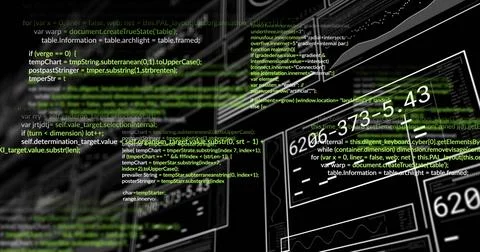 Displaying overlaid source code and UI wireframe panels in workspace with Stock Photos