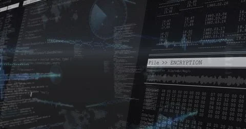 Displaying overlaid UI running on digital console, showing ENCRYPTION panel, Stock-Illustration