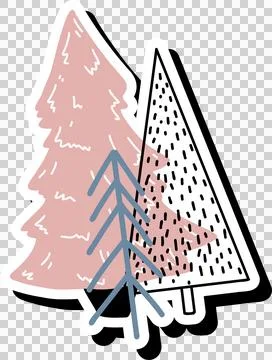 Displaying overlapping pink white-dashed blue tree icons as flat stickers on Stock Illustration