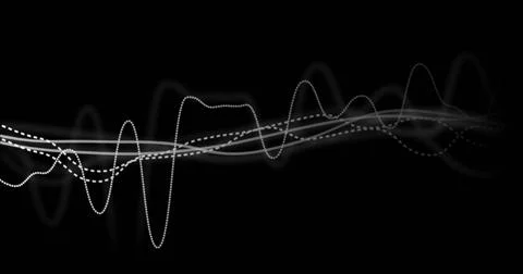Displaying overlapping waveform lines across black canvas, with thin solid, Illustrazione stock