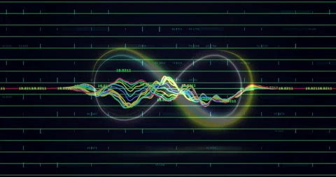 Displaying overlapping waveform lines weaving through glowing infinity loops Stock Footage 307462036