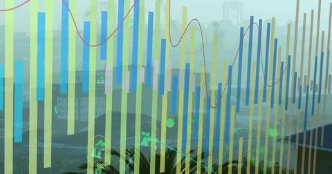 Displaying overlay of bar chart and red line at port, with icons, containers, 写真素材