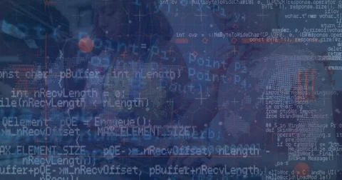 Displaying overlay of code and world map links on data visualization interface, Stock Photos