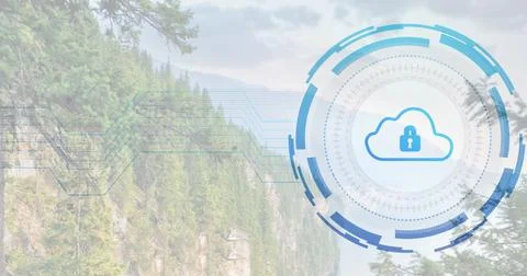 Displaying overlay featuring cloud lock icon and circuit lines over mountain Stock Photos