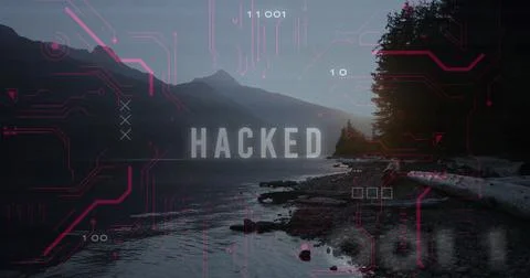 Displaying overlay featuring HACKED over dusk lakeshore with neon-red circuits Stock Photos