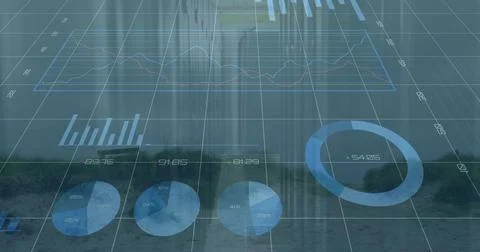 Displaying overlay of line graph, bar chart, pie and donut charts, numeric Illustrazione stock