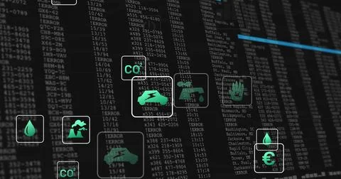 Displaying overlays floating over error code dashboard, with CO2 water factory Stock Illustration