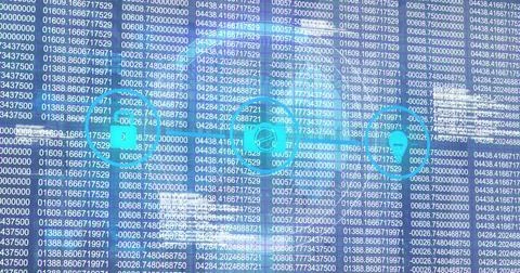Displaying padlock, computer and location pin icons on horizontal line over data Stock Photos