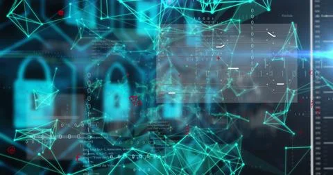 Displaying padlock entwining network nodes at cybersecurity dashboard, with 库存插图