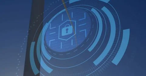 Displaying padlock in hex border on blue interface with HUD rings, binary 库存照片