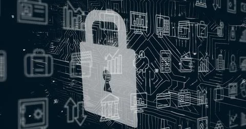 Displaying padlock hovering over digital interface, with briefcase, chart, Stock Illustration