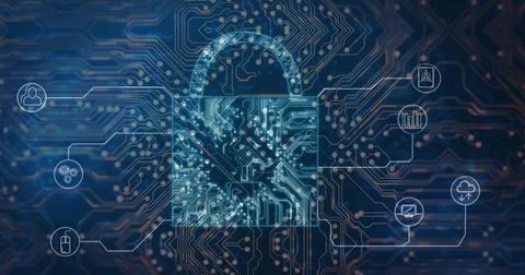 Displaying padlock icon with circuit pattern over circuit board, featuring Stockfoto's