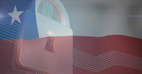 Displaying padlock icon on digital Chilean flag with circuit-board traces and Stock Illustration