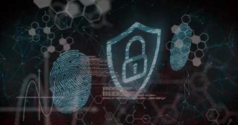 Displaying padlock icon on digital interface, with glowing fingerprint scans and Stock Photos