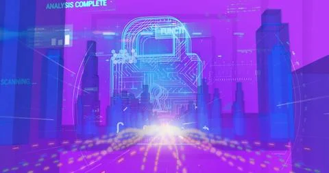 Displaying padlock icon floating in digital dashboard, with holographic skyline Illustrazione stock