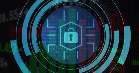 Displaying padlock icon securing virtual interface at dashboard, with binary イラスト素材