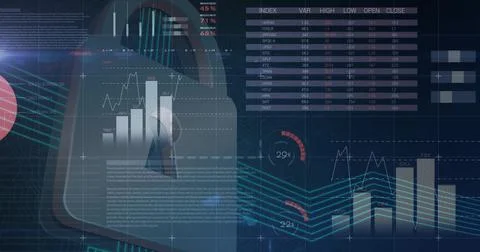 Displaying padlock icon showcasing bar chart on cybersecurity dashboard, with Stock Illustration