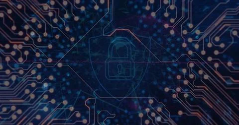 Displaying padlock icon within shield amid digital circuit traces, nodal points 스톡 사진